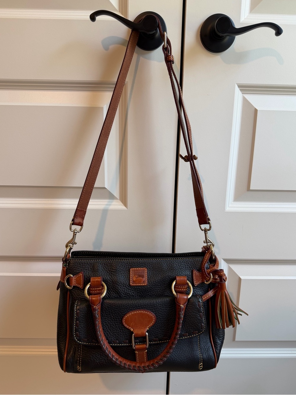 Dooney & Bourke Black Leather Shoulder Bag with Brown Trim